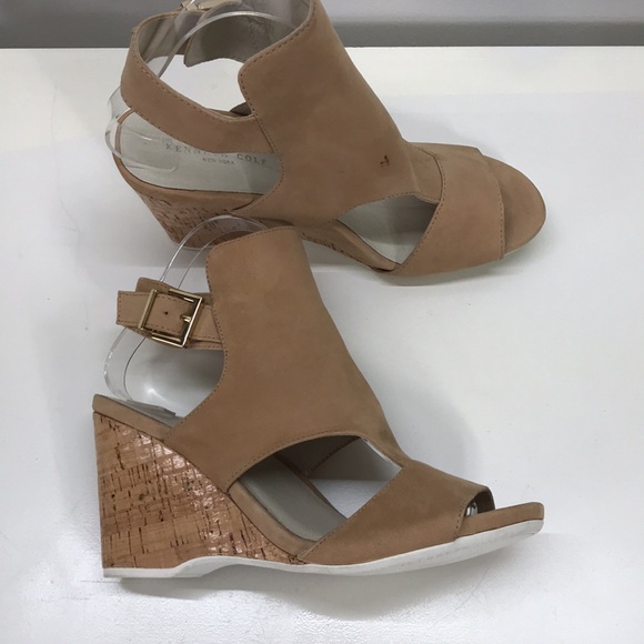 Kenneth Cole New York Nude-Colored Leather Suede Wedge Sandals - Picture 1 of 14
